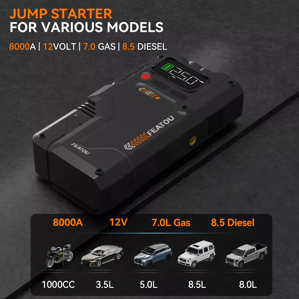 Jump Starter Car With Air Compressor for tires 8000A Pack Booster 12V Power Bank